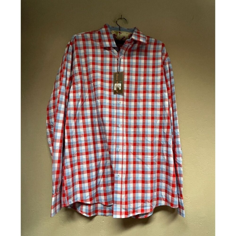 James Tattersall Men's Casual Button Down Shirt XL Cotton Gingham Red/Blue New